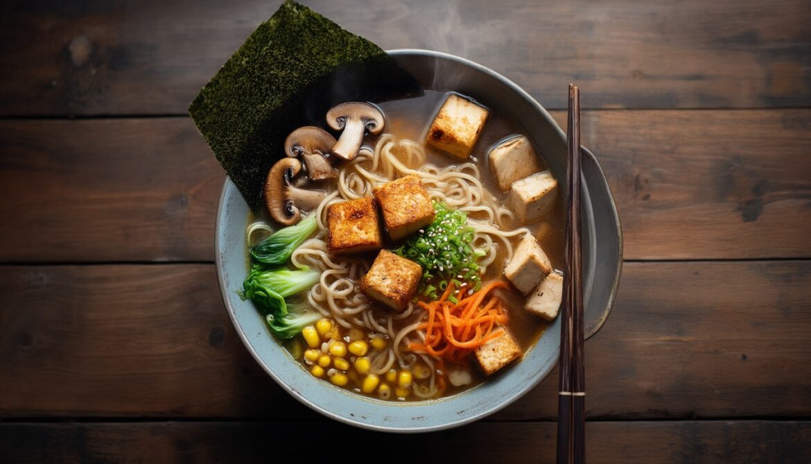 Dampfende Schüssel vegane Miso-Ramen mit knusprigem Tofu, Pilzen, Pak Choi, Mais und Nori