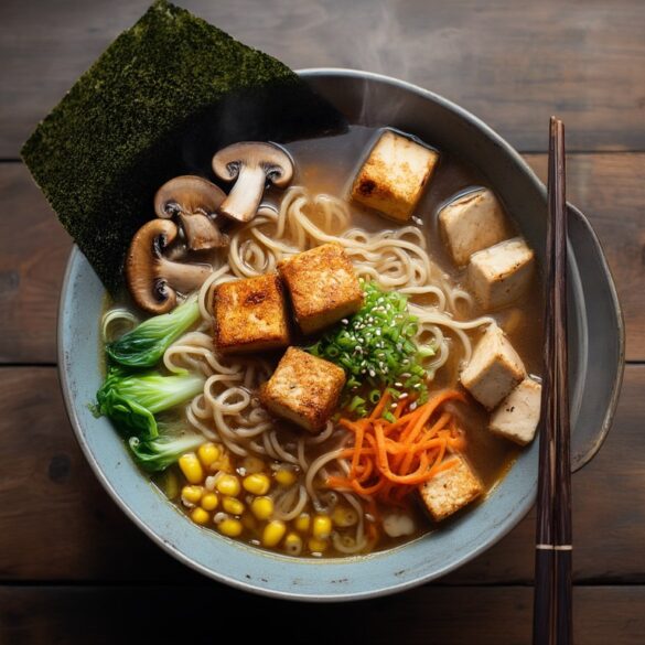 Vegane Ramen-Suppe mit Miso, Pilzen und Tofu Dampfende Schüssel vegane Miso-Ramen mit knusprigem Tofu, Pilzen, Pak Choi, Mais und Nori