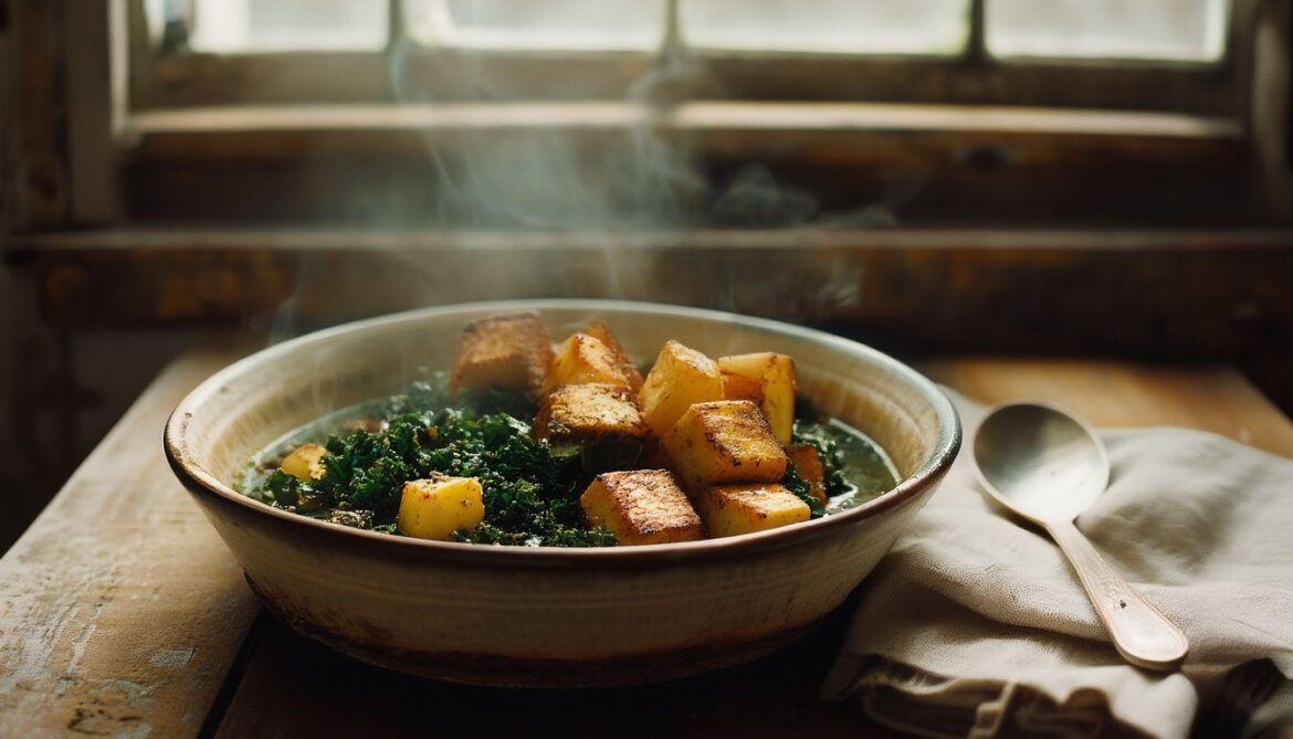 Veganer Grünkohl-Eintopf mit angebratenen Räuchertofu-Würfeln und Kartoffeln in einer rustikalen Schale
