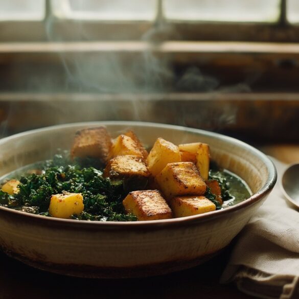 Veganer Grünkohl-Eintopf mit angebratenen Räuchertofu-Würfeln und Kartoffeln in einer rustikalen Schale