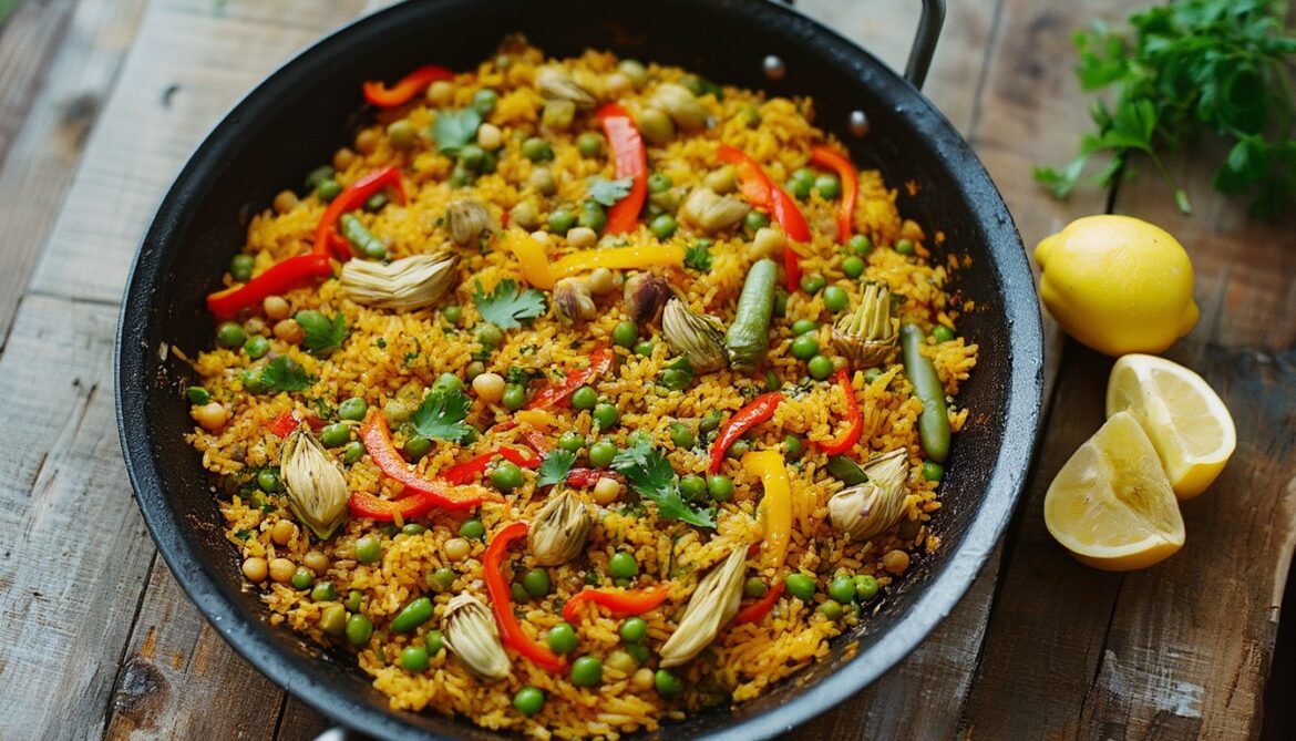 Vegetarische Paella mit Safranreis, Paprika, Kichererbsen und Artischocken in einer Paella-Pfanne