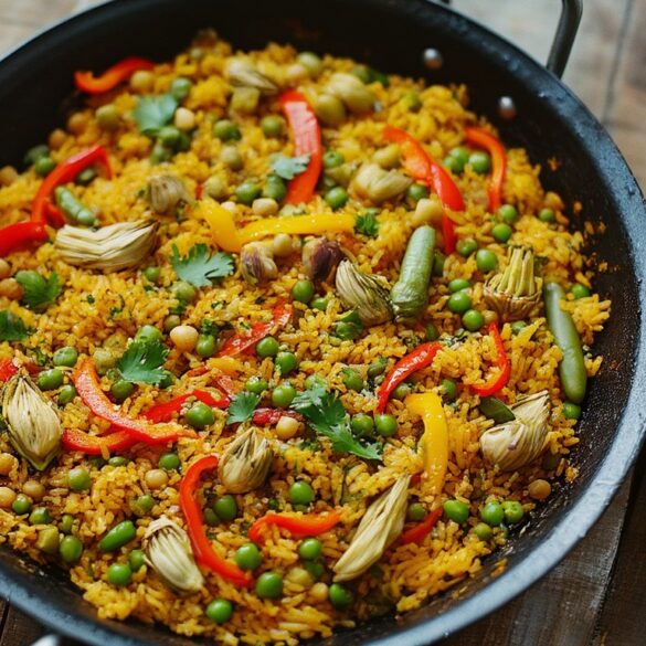 Vegetarische Paella mit Safranreis, Paprika, Kichererbsen und Artischocken in einer Paella-Pfanne