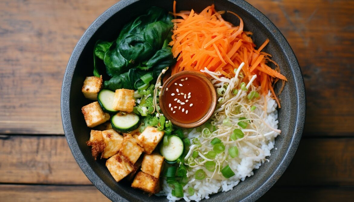 Vegetarisches Bibimbap in einer dunklen Steinschale mit knusprigem Tofu, Möhren, Zucchini, Spinat, Sojasprossen und Gochujang-Sauce