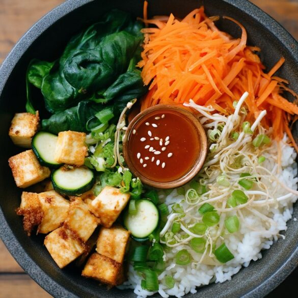 Vegetarisches Bibimbap: koreanische Reis-Bowl mit knusprigem Tofu Vegetarisches Bibimbap in einer dunklen Steinschale mit knusprigem Tofu, Möhren, Zucchini, Spinat, Sojasprossen und Gochujang-Sauce